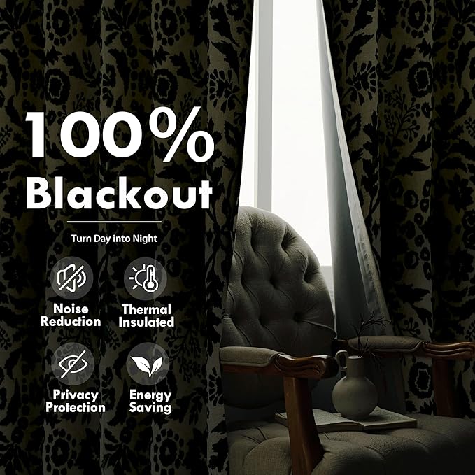 DriftAway Julia Watercolor Blackout Room Darkening Lined Thermal Insulated Energy Saving Window Curtains 2 Layers 2 Panels Each Size 52 Inch by 84 Inch Loden Green