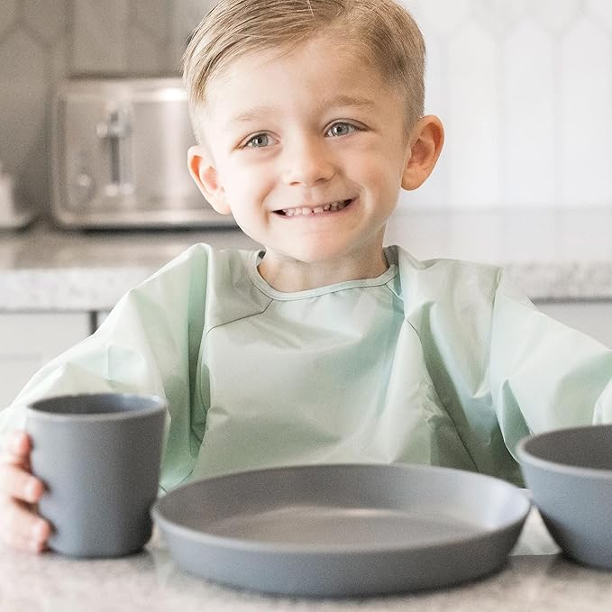 Tiny Twinkle Long Sleeve Bib for Babies & Toddlers | 2-Pack Waterproof Smock Bib for Eating | Machine Washable & Mess-Proof Feeding Essentials | Newborn Shower Gift (Sage Charcoal,2-4Y)