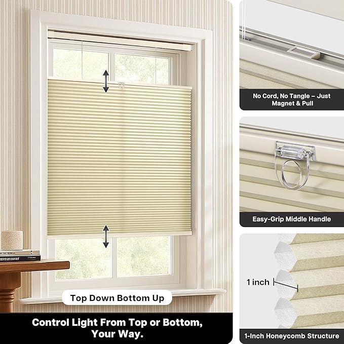 Lazblinds Upgraded Top Down Bottom Up (TDBU) Honeycomb Blinds, No Drill No Tools Easy Install Cordless Cellular Shades for Windows 41" W x 64" H, Beige - Light Filtering