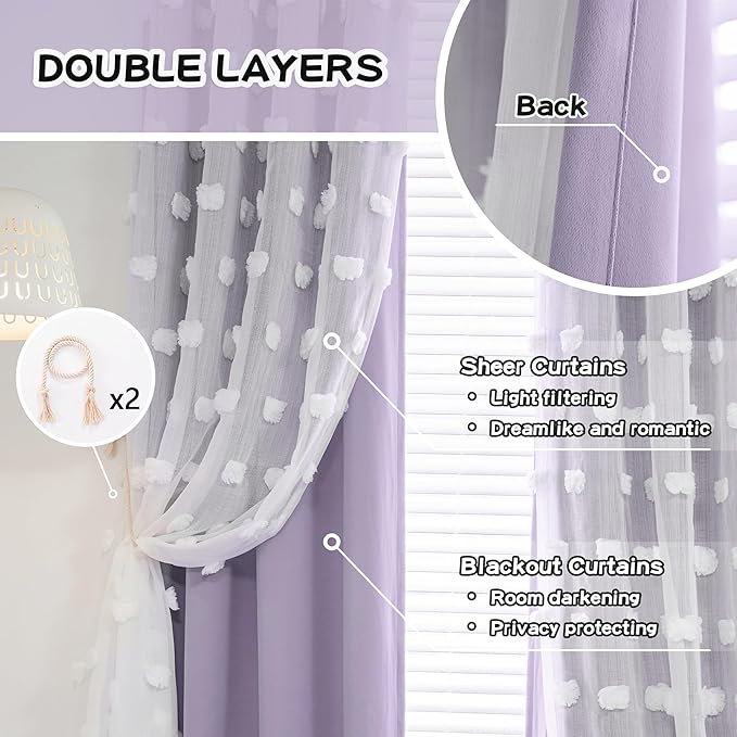 MYSKY HOME Light Blocking Lilac Curtains for Living Room White Sheer Pom Pom Kids Room Decor Drapes 108 Inches Long Double Layer Curtain for Sliding Door Grommet Window Panels Set of 2 52" x 108"