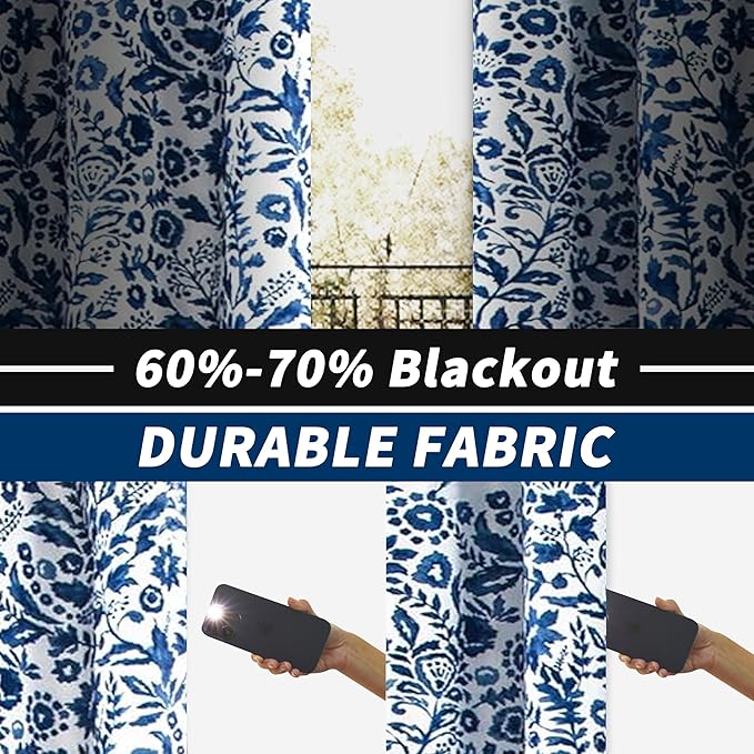 DriftAway Julia Watercolor Blackout Room Darkening Lined Thermal Insulated Energy Saving Window Curtains 2 Layers 2 Panels Each Size 52 Inch by 36 Inch Navy