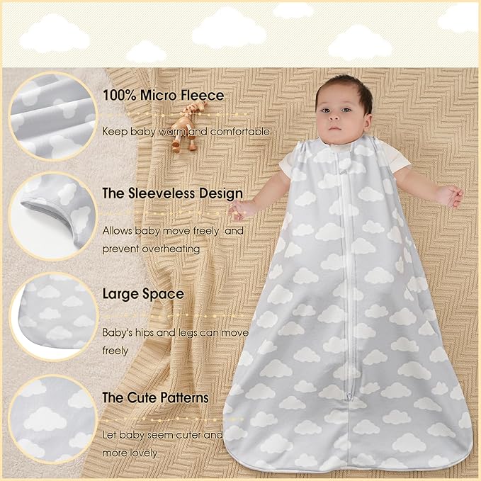PHF Warm Micro-Fleece Baby Sleep Sack 12-18 Months, Soft Baby Wearable Blanket, 2-Way Zipper Sleeping Bags, 2 Pack Comfy Toddler Sleeping Sack for Boys, Large Size, Clouds