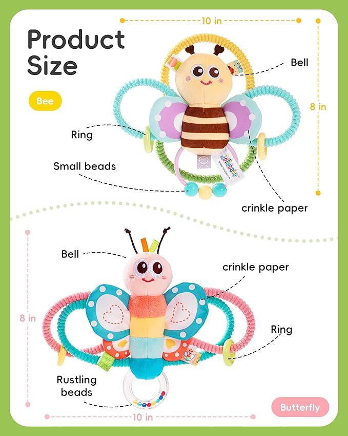 Jollybaby Soft Baby Rattles & Plush Rings Toy for Newborn 0-3-6-12 Months, Sensory Developmental Hand Teether Toys for Infant 0-2-4-7-8-9 Months, Baby Shower & Birthday Gifts - Bee