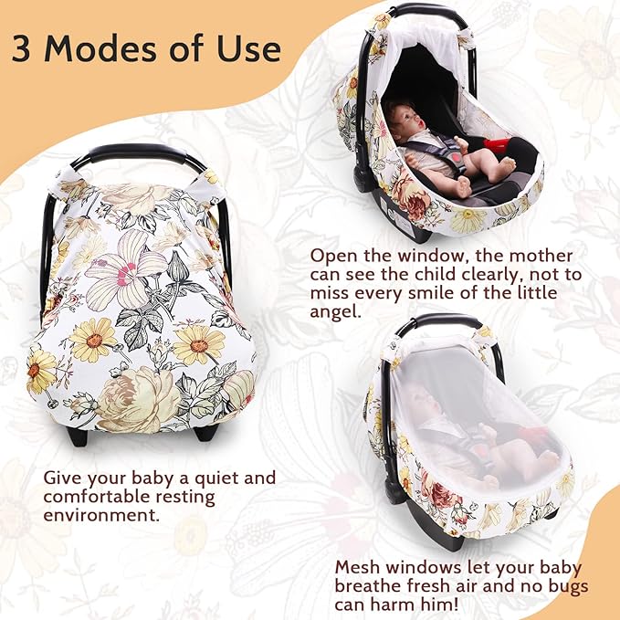 Floral Baby Car Seat Cover for Girl,Infant Carseat Canopy Sun Cover，Baby Carrier Cover with Zipped Peep Windows and Breathable Mesh, Stretchy 3in1Multi-use Stroller Cover