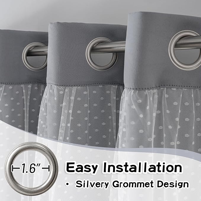 MYSKY HOME 70% Blackout Curtains for Girls Bedroom & Nursery Kids Grey Cute Curtains Double Layer with Polka Dots Sheer, Grommet Tops, 52x95 Inch Each Panel, 2 Panels