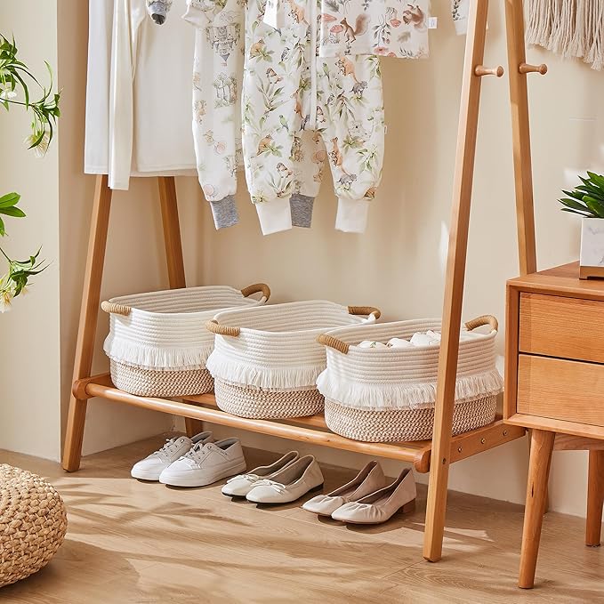 Storage Bins Woven Baskets for Storage Set of 3, Cotton Rope Basket with Handles for Toys/Shelves/Laundry, Rectangle Multi-Purpose Organizer for Living Room, Bedroom, Nursery (White/Brown)