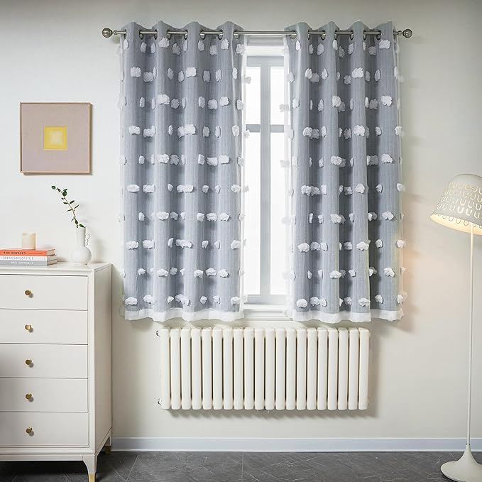MYSKY HOME Dusty Blue Curtains for Bedroom & Kids Room - 54 Inch Long, Double Layer, White Pom Pom, Sheer, Grommet, Darkening, Small Window, 2 Panels, 52 x 54 in