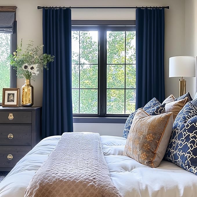 INOVADAY 100% Blackout Curtains for Bedroom, Black Out Curtains 72 Inch Long, Clip Rings Linen Blackout Drapes, Thermal Insulated Room Darkening for Living Room, 2 Panel - Midnight Blue,W50xL72