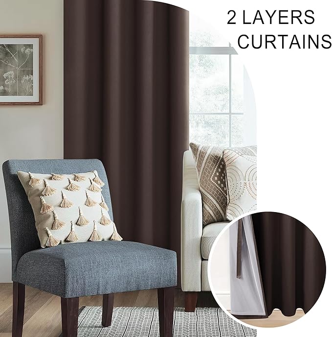 XWZO 100% Blackout Curtains 63 Inches Long with Tiebacks- Heat Blocking Energy Efficiency Window Draperies Grommet Top with Black Liner for Bedroom/Living Room, Brown, W60 x L63, Set of 2