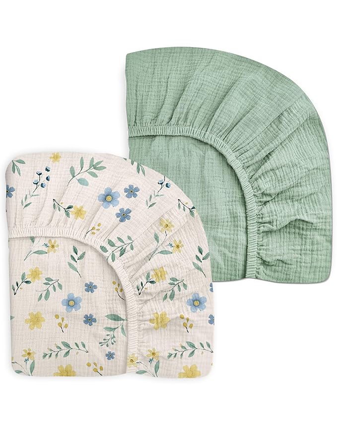 Pack and Play Sheets for Baby Boy and Girl 2 Pack, Neutral Muslin Cotton Pack N Play Mattresses Sheet 27"x39", Muslin Nursery Bedding Soft and Breathable Comfort (Spring Garden & Sage)
