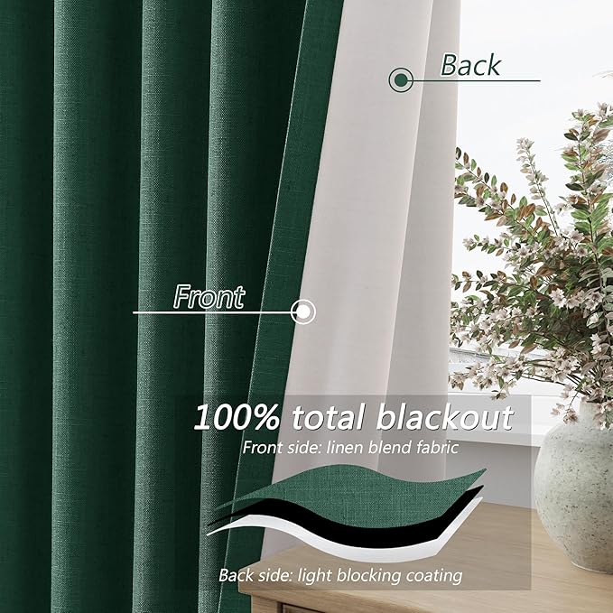 Guken Dark Green 100% Blackout Curtains 90 Inch Length 2 Panels Set for Living Room Bedroom Back Tab Thermal Insulated Black Out Linen Drapes Decor 52x90 Long