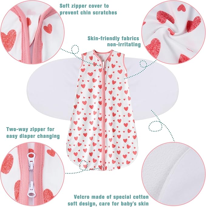 BSTOPPT Newborn Sleep Sack Baby Swaddle,6-12 Months,3-Way Adjustable Wearable Blanket,100% Rayon Cotton Swaddling Sleeping Bag，TOG 0.5（Heart&Floral）