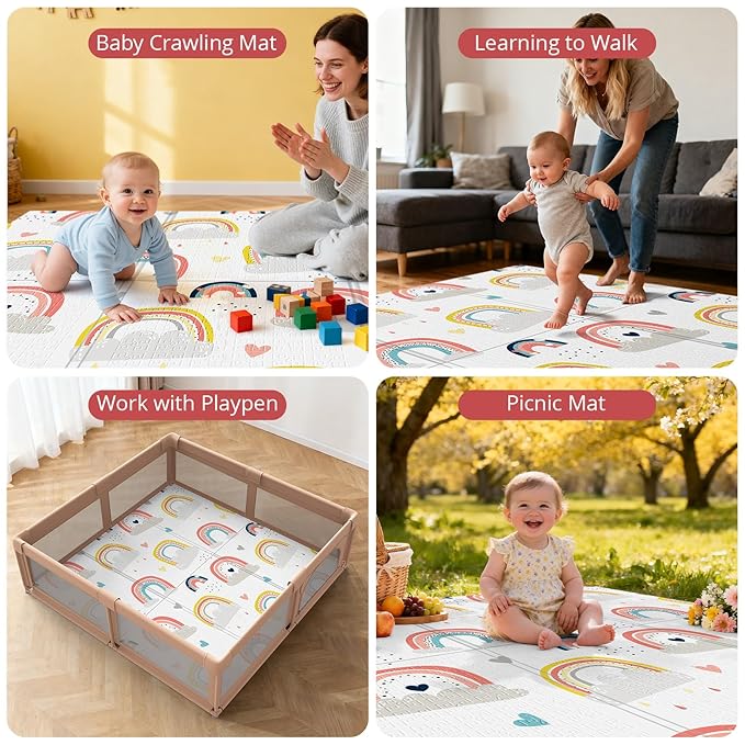 Foldable Foam Baby Play Mat for Floor, Babies Activity Tummy Time Playmat, Kids Non Toxic Foam Thick Play Mat for Baby, Toddlers, Waterproof & Anti-Slip Crawling Mats,Rainbow,59x59x0.4