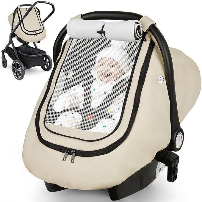 Rquite Car Seat Cover Baby, Winter Carseat Covers Boy Girl, Waterproof Infant Car Seat Cover Warm Car Seat Canopy for Cold Weather, Windproof Baby Carrier/Stroller Cover with 2 Layers Windows, Beige