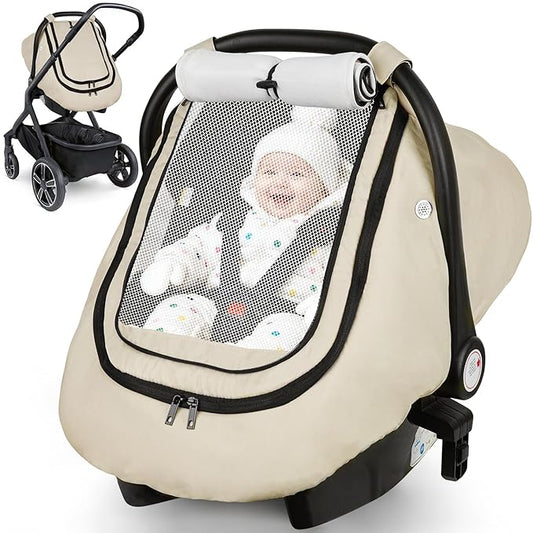 Rquite Car Seat Cover Baby, Winter Carseat Covers Boy Girl, Waterproof Infant Car Seat Cover Warm Car Seat Canopy for Cold Weather, Windproof Baby Carrier/Stroller Cover with 2 Layers Windows, Beige