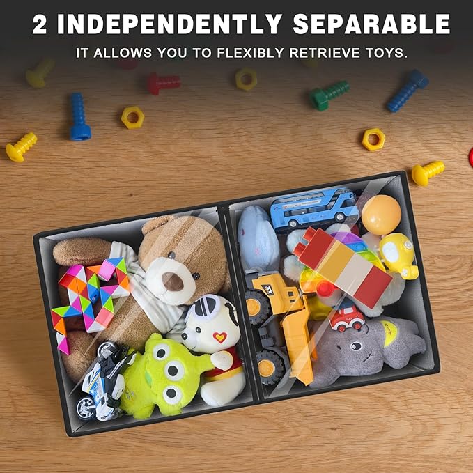 1 Pack Large Toy Storage Box with Clear Lids Collapsible Toy Organizer Chest with Adjustable Dividers Kids Storage Bin Basket for Boys Girls Living Room Nursery Playroom Closet Black and Grey