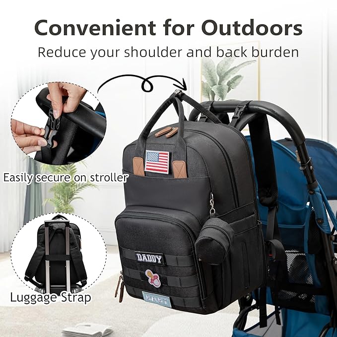 Expandable Diaper Bag Backpack for Dad and Mom – Large Capacity Baby Diaper Bag with Premium Leather, Changing Pad, Insulated Bottle Pockets, Stroller Straps, Laptop Sleeve – Black Travel Diaper Bag