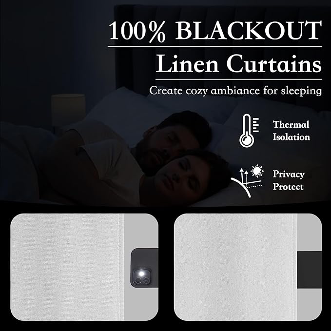 RYB HOME 100% Blackout Flax Linen Curtains 90 inches Long, Rod Pocket & Back Tab Light Block and Thermal Isolated Drapes, Suitable for Living Room & Nursery, Set of 2, W52 x L90, Greyish White