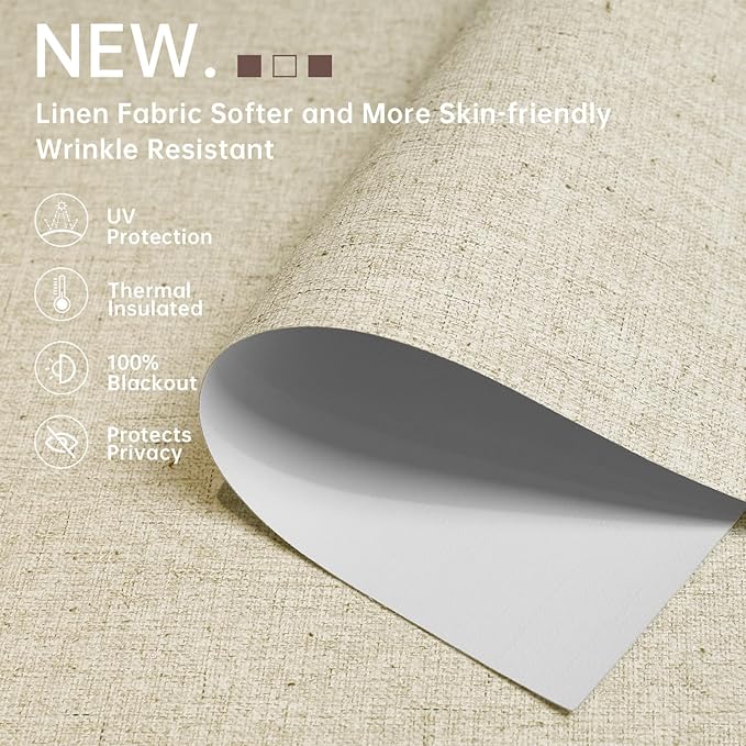 Allbright Linen Roller Shades with Wand Rod, Cordless Fabric Roller Blinds with Thermal Insulated, 100% Blackout Window Shades for Home, Office, Bedroom, Beige, 65" W x 72" H