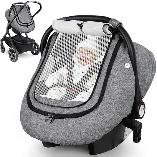 Rquite Car Seat Cover Baby, Carseat Covers Boy Girl, 2 Layers Window -Breathable Mesh & Wind/Sun Shade, Infant Car Seat Canopy Baby Carrier/Stroller Cover, Fit Spring, Fall, Winter, Cold Weather