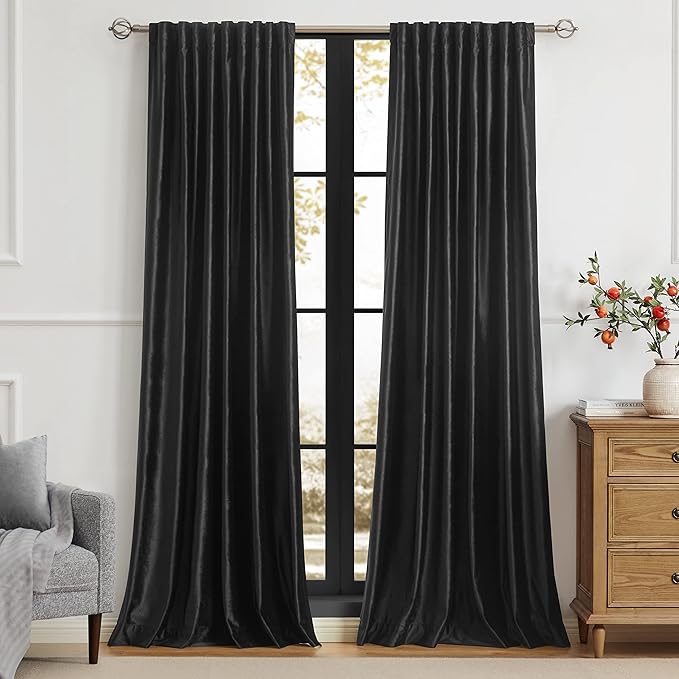 PRIMROSE Blackout Plush Velvet Curtains, Set of 2 Panels, 52"W x 96"L, Black, Modern Style, Room Darkening, Sun Protection, Living Room, Bedroom, Dining Room