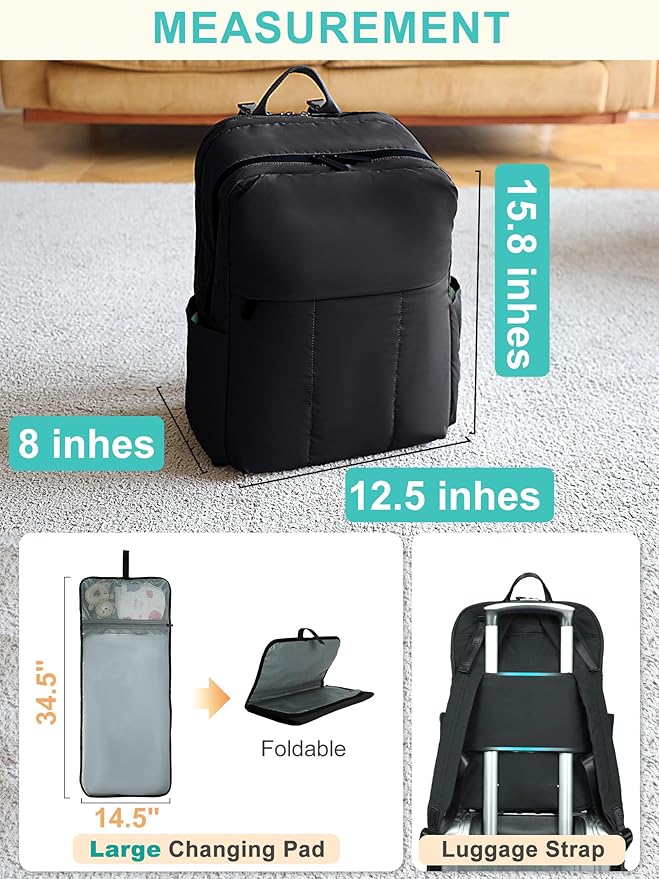 MOMINSIDE Diaper Bag Backpack - Extra Large Puffer Diaper Bag - Neoprene Diaper Bag Quilted Baby Bag for 2 Kids Boys Girls, Large Changing Pad, 15 Pockets, Black