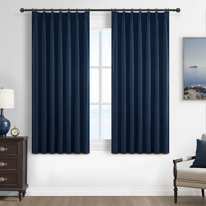 Navy Blue Small Blackout Curtains 54 Inches Length for Kids/Boys Rooms/Bedroom, Pinch Pleated Drapes with Hooks Viral Linen Thermal Coastal Short Curtain Dark Blue Window Burg (40"Wx54"Lx 2 Panels)