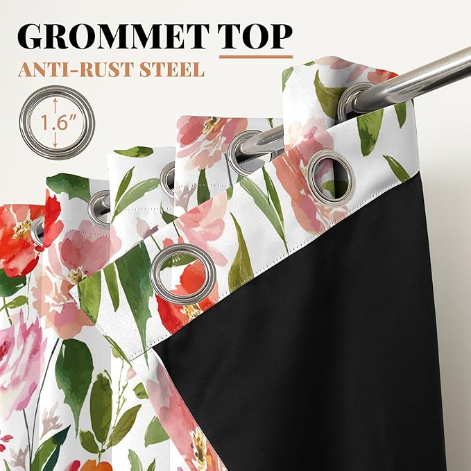 Renaiss Watercolor Flowers Curtains Rose Peony Floral Print Blackout Window Curtain Panels Thermal Insulated Grommet Top Window Curtains for Living Room Bedroom 53W x 63L Inch 2 Panel Set