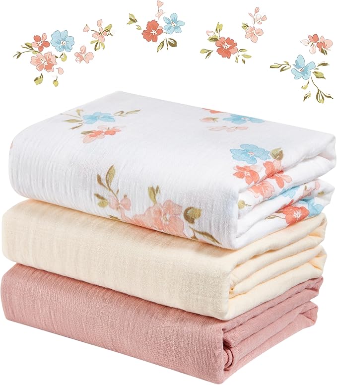 3-Pack 100% Cotton Muslin Swaddle Blankets, Large 47 x 47 Inches — Breathable Soft Receiving Blankets for Newborns, Swaddling Wraps, Registry Gift (Pink Floral Garden)