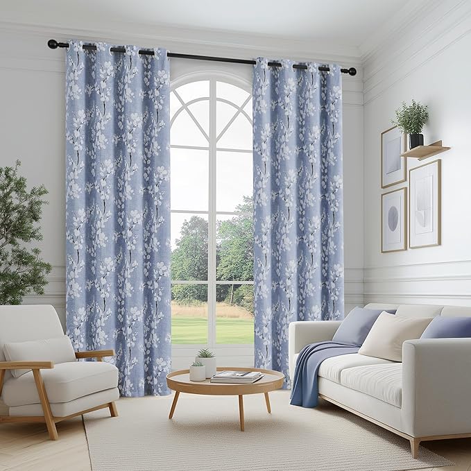 FMFUNCTEX 100% Blackout Floral Curtains for Bedroom, Blue Curtains 90 inches Long Blossom Flower Patterned for Living Room,Thermal Insulated Farmhouse Drapes, Grommet Top 2 Panels (White on Blue)