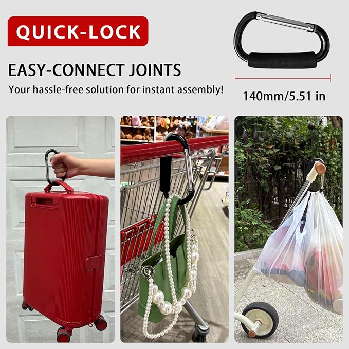 Large Aluminum Carabiner, Heavy-Duty Stroller Hooks for Hanging Bags and Shopping – Durable Multi-Purpose Carabiner Clips for Camping, Hiking, Travel, Outdoor Accessories