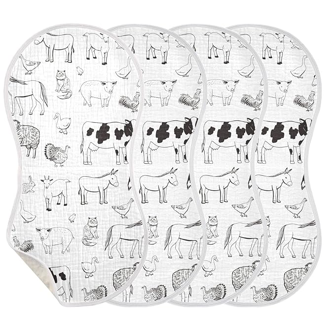 WELLDAY Muslin Baby Burp Cloths Set of 2, Soft Absorbent Farm Animals Muslin Washcloths, Bibs, Face Towel for Newborn Boys Girls, 22 x 11 Inch