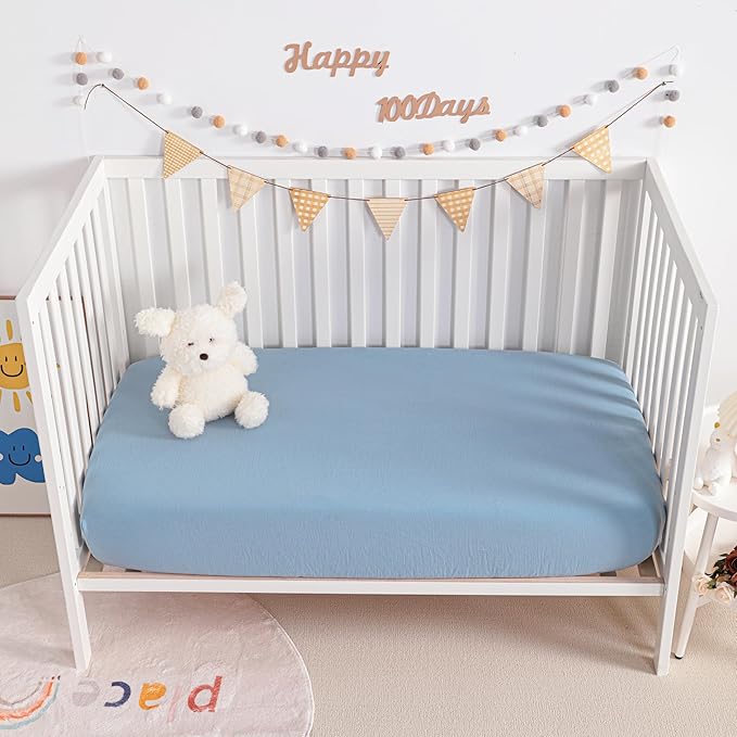 NTBAY 2 Pack Muslin Cotton Crib Sheets, Soft and Breathable Double Layer 28x52 Baby Crib Sheets for Standard Crib and Toddler Mattresses, Boys, Girls, Unisex, Sky Blue, 28x52 Inches