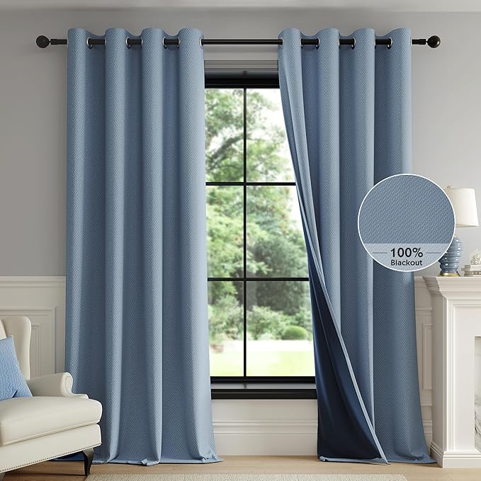 FMFUNCTEX 100% Blackout Curtains for Living Room, Slate Blue Curtains 108 Inches Long Weave Textured Thermal Insulated Curtain for Bedroom, Black Out Drapery Grommet Room Darkening 2 Panels
