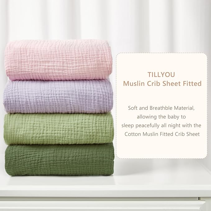 TILLYOU 2 Pack Muslin Crib Sheet for Boys and Girls - 100% Cotton Fitted Crib Sheet for Toddler Standard Crib Mattress, Soft and Breathable, 52"x28", Forest Green&Light Green