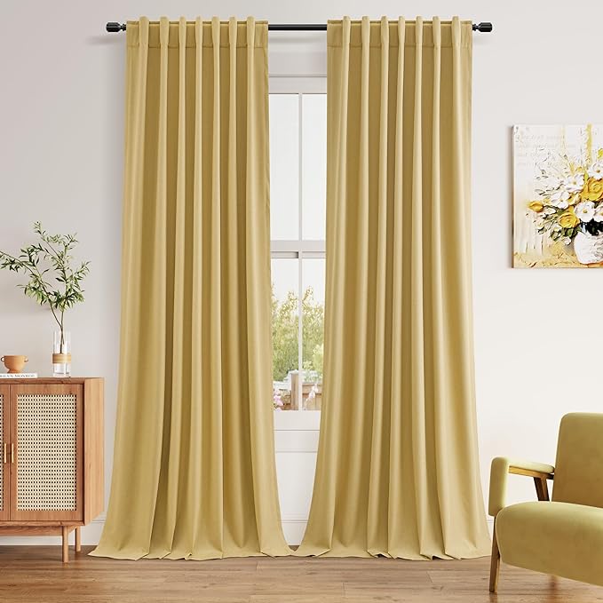 Guken 100% Blackout Curtains 96 Inch Length 2 Panels Set for Living Room Bedroom Back Tab Thermal Insulated Black Out Linen Drapes Room Darkening Window Curtains 96 Inches Long,Gold Yellow