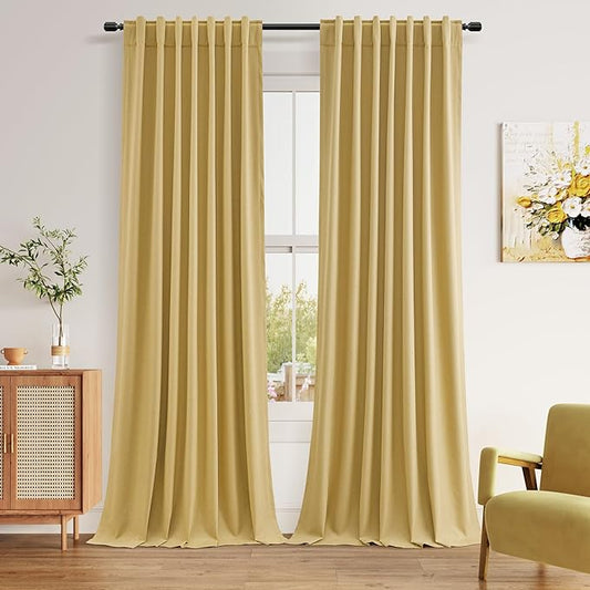 Guken 100% Blackout Curtains 96 Inch Length 2 Panels Set for Living Room Bedroom Back Tab Thermal Insulated Black Out Linen Drapes Room Darkening Window Curtains 96 Inches Long,Gold Yellow