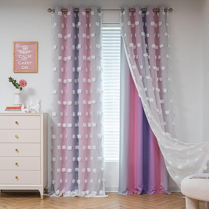 MYSKY HOME Pink Curtains 95 Inch Purple Curtains for Toddler Bedroom White Sheer Pom Pom Double Layer Blackout Curtains for Kids Grommet Room Darkening Curtains for Sliding Door 2 Panels 52 x 95 in