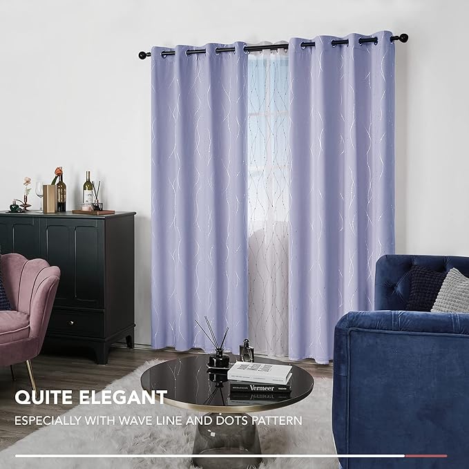 Deconovo Blackout Curtains, Thermal Insulated Soundproof Drapes with Wave Dots Foil Print, 52 x 63 Inch, Set of 2, Machine Washable Window Curtain for Bedroom Living Room Nursery Kitchen, Light Purple