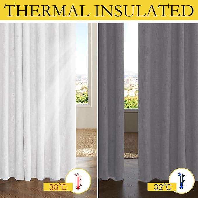 NICETOWN Full Blackout Back Tab Linen Curtains 84" Long 2 Panels Set, Boho-Chic Thick Linen Blend Drapes, Insulated Window Covers with Gray Backing for Bedroom, Living Room (Greyish White, 42" Wide)