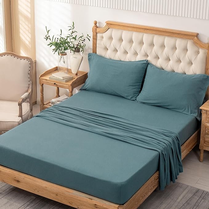 PURE ERA Jersey Knit 4pc Bed Sheet Set 100% T-Shirt Cotton Super Soft Comfy Breathable Fits Mattress Up to 20" Extra Deep Pocket (Solid Cerulean Blue, King)