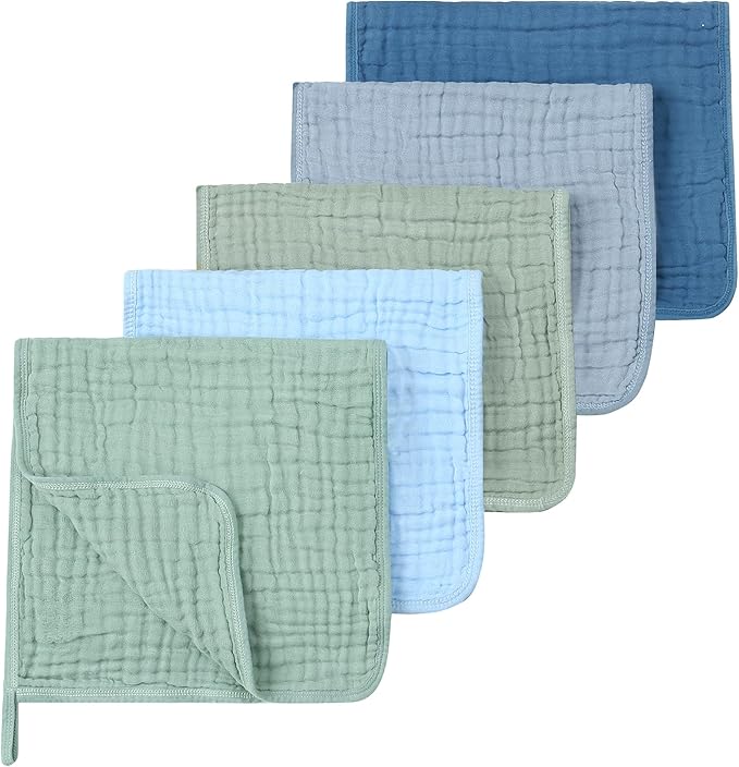 SnugOre Muslin Burp Cloths 5 Pack Large 20x12 inches Baby Burping Cloths, 6-Layer 100% Cotton for Newborn Boys Girls, Ultra Soft & Absorbent (Blue & Green)