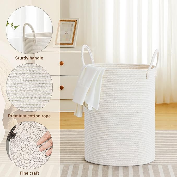 Tall Laundry Basket with Handles, 58L Portable Dirty Clothes Hamper, Boho Cotton Rope Storage Bin for Blankets Kids Toys Gifts, Decorative Organizer for Baby Nursery Bedroom Bathroom, White