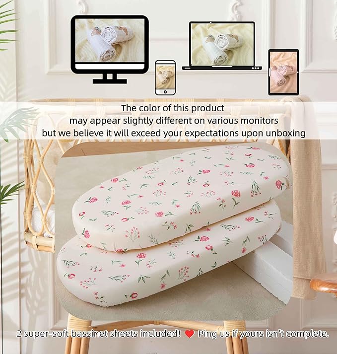 SDY Jersey Bassinet Sheets for Baby Boys and Girls,32 "x 16 "x 4", 2 Pack,Neutral Flower Standard Oval/Retangle Fitted Bassinet Sheets for Toddler,Super Soft Breathable