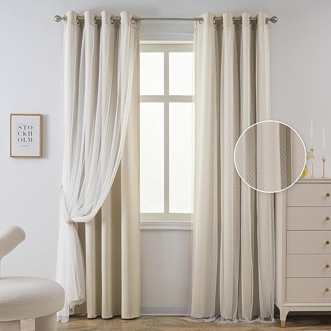 MYSKY HOME Beige Blackout Curtains for Living Room Elegante Modern Cream Double Layer Curtains for Nursery Kids Room, Grommet Tops, 52x95 Inch Each Panel, 2 Panels