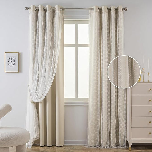 MYSKY HOME Beige Blackout Curtains for Living Room Elegante Modern Cream Double Layer Curtains for Nursery Kids Room, Grommet Tops, 52x95 Inch Each Panel, 2 Panels