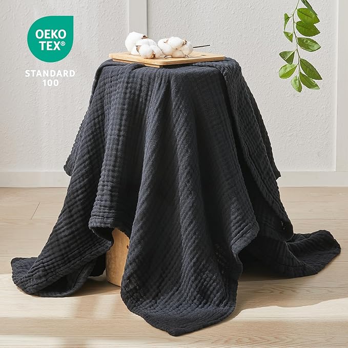 EMME Cotton Muslin Queen Blanket Bed Layering Breathable Gauze Blanket Soft Lightweight Blankets Adults (Black, 90"x90")