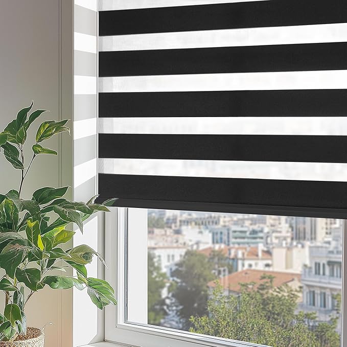 ChrisDowa Cordless Zebra Blinds for Windows, Dual Layer Free-Stop Light Filtering Window Roller Shades, Pull Down Privacy Zebra Shades for Home, Office, Bedroom, Door (52" W x 72" H, Black)