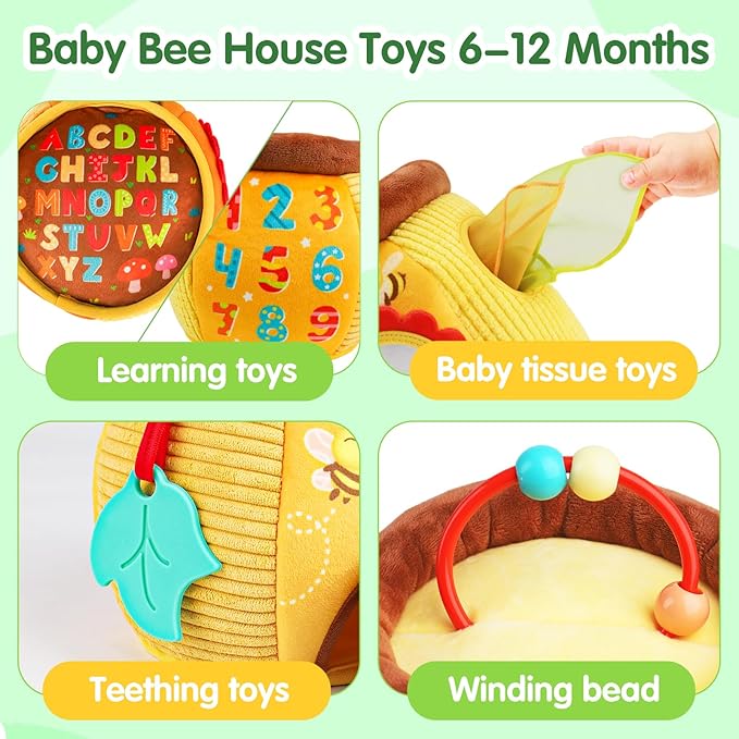 Baby Toys 6-12 Months - Soft Beehive with 5 Sensory Stuffed Animals, Rattle, Crinkle & Mirror, Montessori Toys for 6 7 8 9 10 Month Old Baby Boy Girl Valentines Gifts Easter Basket Stuffers Ages 0-2