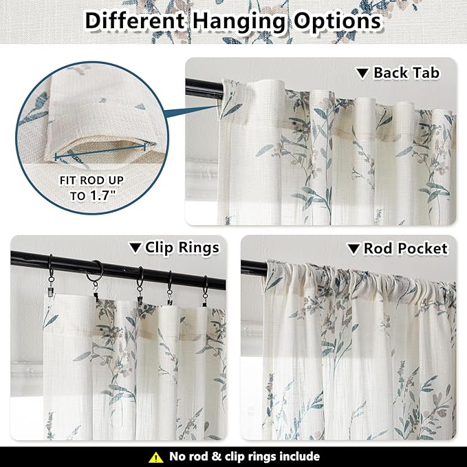 MYSKY HOME Sheer Curtains 84 inches Long 2 Panels for Living Room Window Farmhouse Flax Linen Curtains & Drapes with Light Filtering Privacy Added Floral Printed Classical for Home Decor, Navy Blue